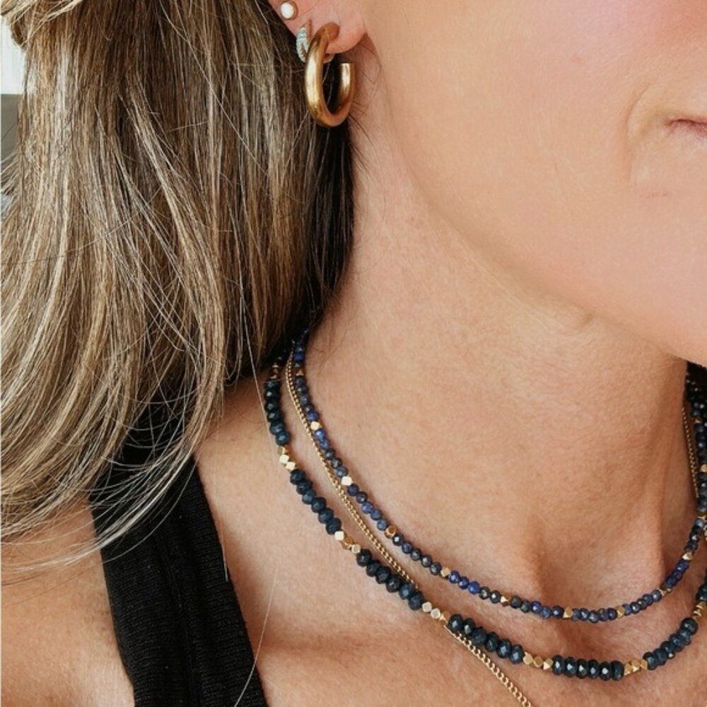 Dark Blue Gemstone Beaded Necklace w/Gold Beads WATERPROOF Gold Chain PRETTY
